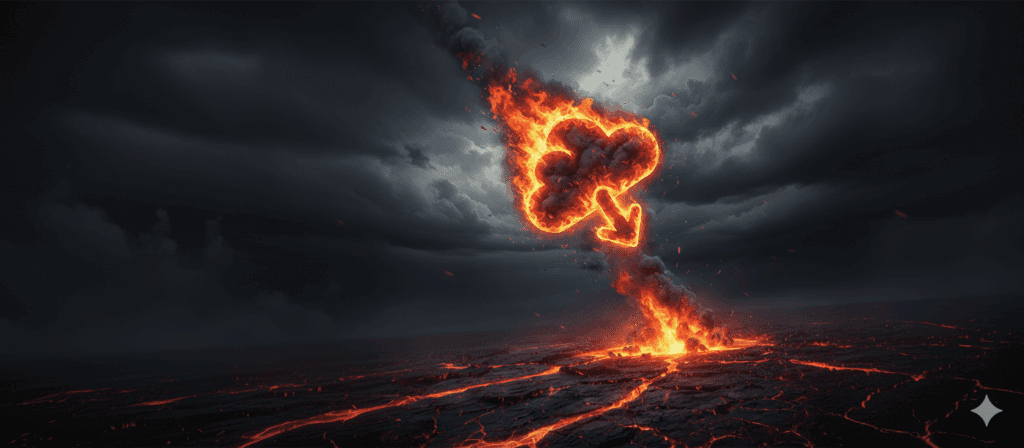 Cloudflare logo on fire and crashing into lava